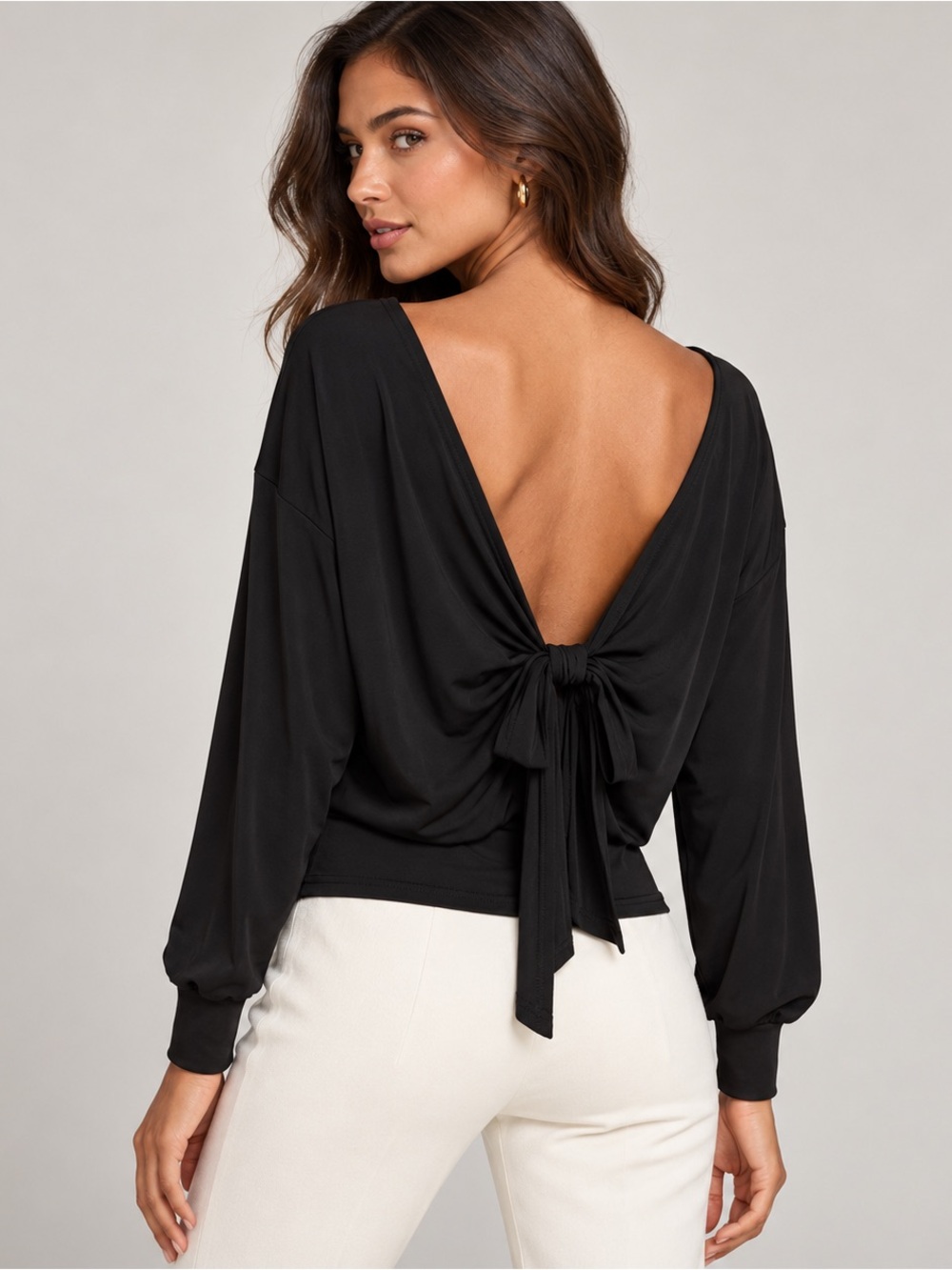 Cinq à Sept Womens Black Jersey Low Back Tie Long Sleeve Boat Neck Top Size S